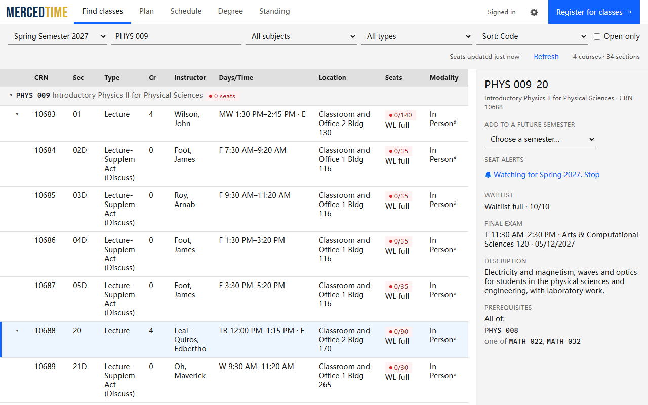 Find classes: a searchable course list with open seats, times and a section detail panel.
